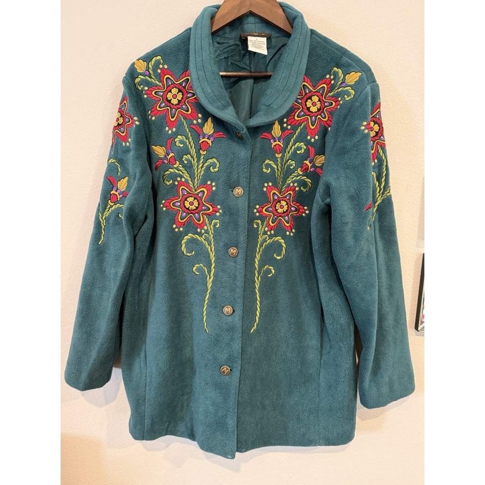 Bob Mackie Wearable Art Jacket Womens L Teal Embroidered Floral Fleece Coat